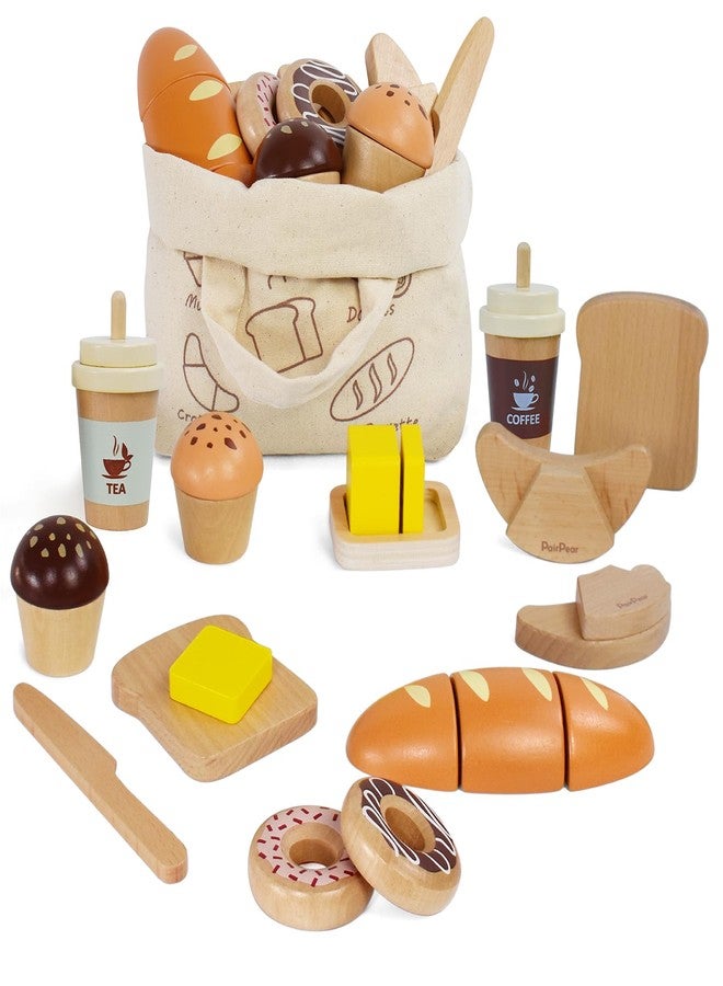 PairPear Wooden Bakery Toy Food Playset,Kids Pretend Play Food Kitchen Accessories with Shopping Bag,Toddlers Cutting Food Gift for Boys and Girls 3 Years and Up - Image 1